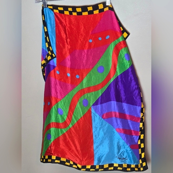 ken done Accessories - Vintage Ken Done Maximalist Bold Art To Wear Geometric Silk Scarf